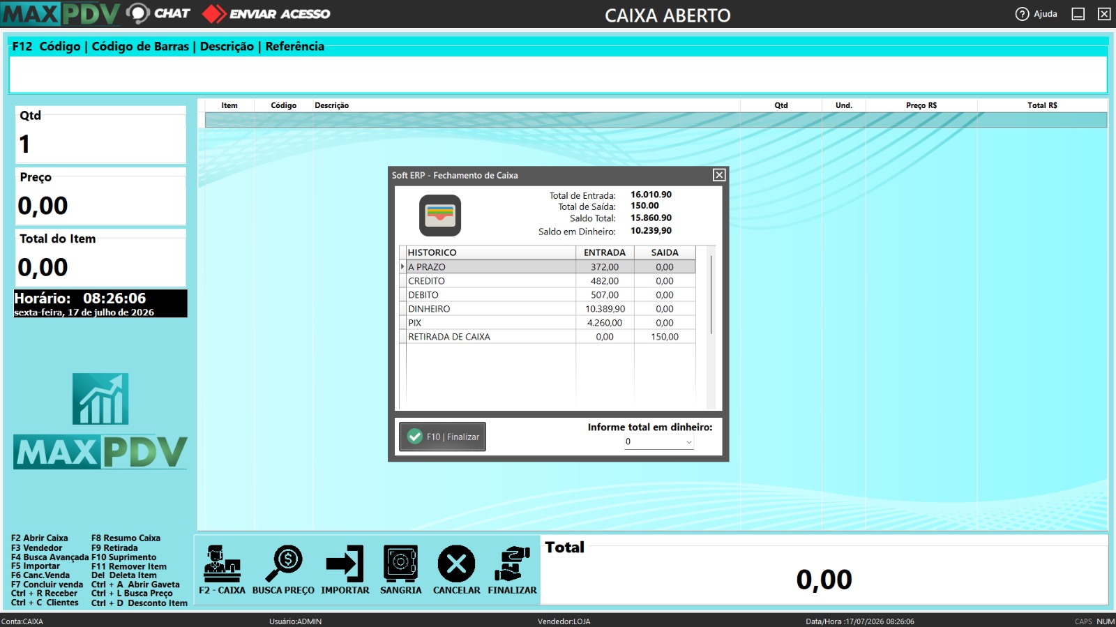 Fechamento de caixa detalhado